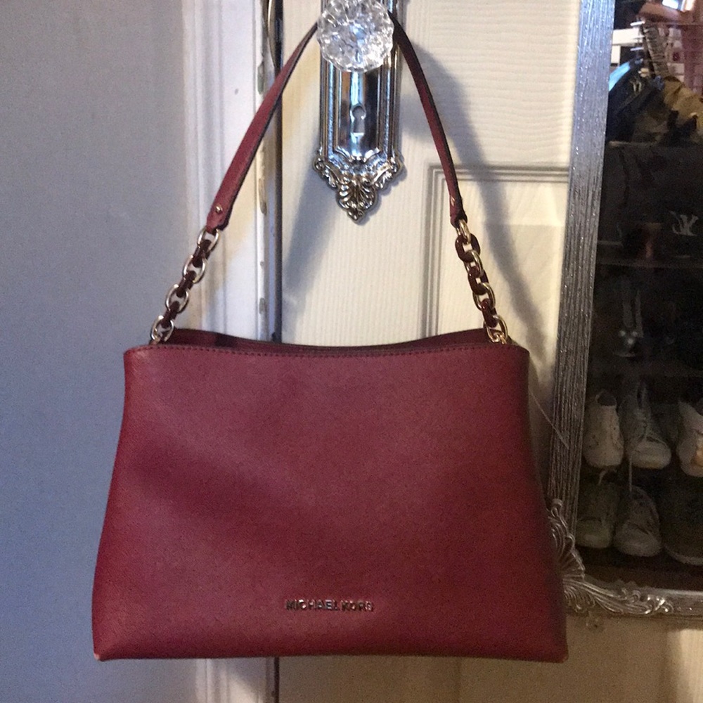Michael Kors Saffiano maroon oxblood purse tote